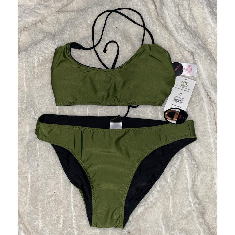 No Boundaries Green Reversible Bikini Set Women's M Olive Black Swimwear NWT